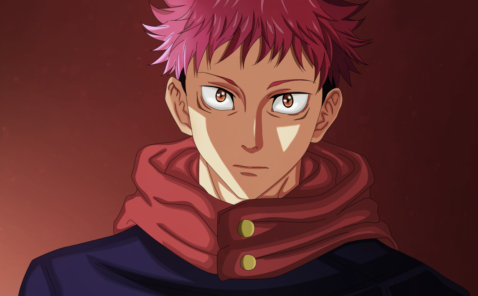 HD PC desktop wallpaper: anime close-up of Yuji Itadori from Jujutsu Kaisen, red hair and hooded jacket, warm tones and focused gaze against a muted background.