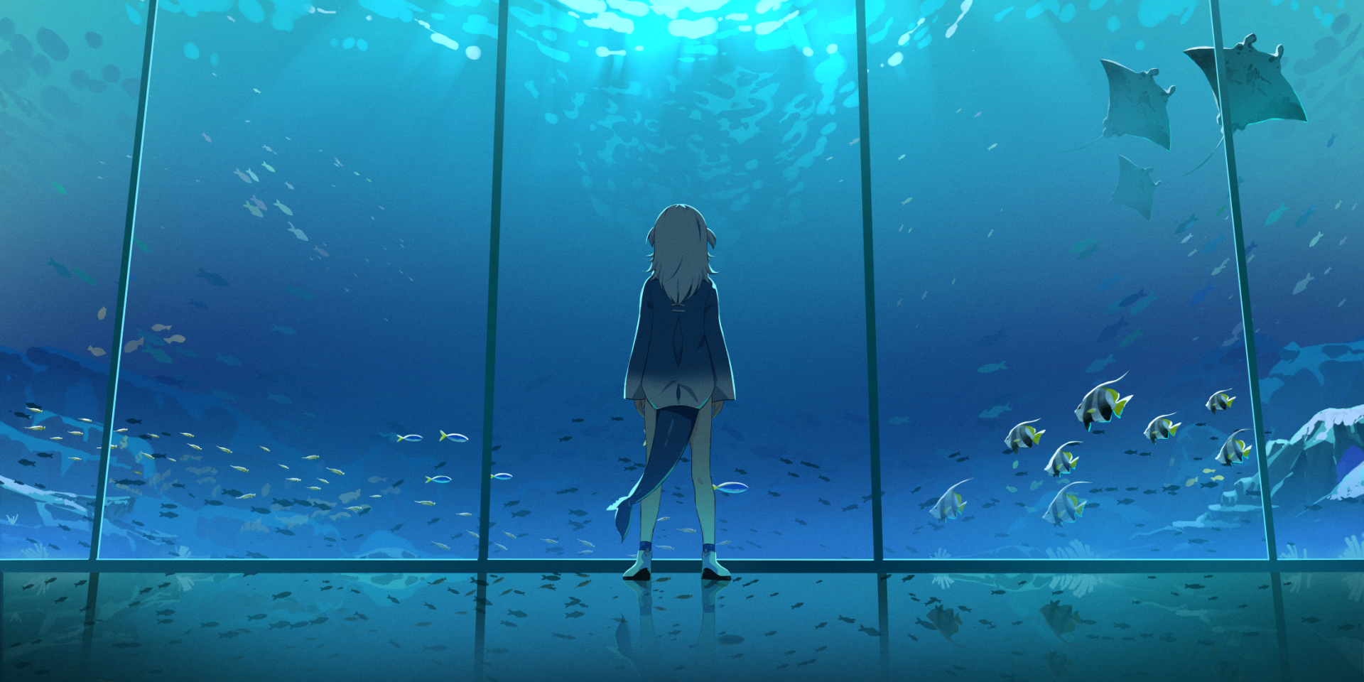 HD PC desktop wallpaper featuring Gawr Gura, a Virtual YouTuber from Hololive, standing in front of a large aquarium window with marine life swimming beyond.