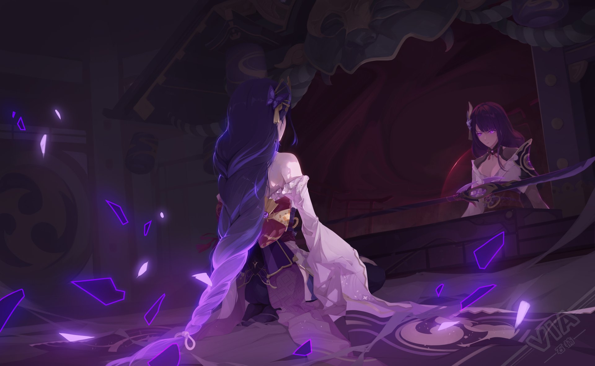 Baal Raiden Shogun from Genshin Impact stands amid glowing purple shards in a dark, mystical setting. 4K Ultra HD PC desktop wallpaper from the video game Genshin Impact.