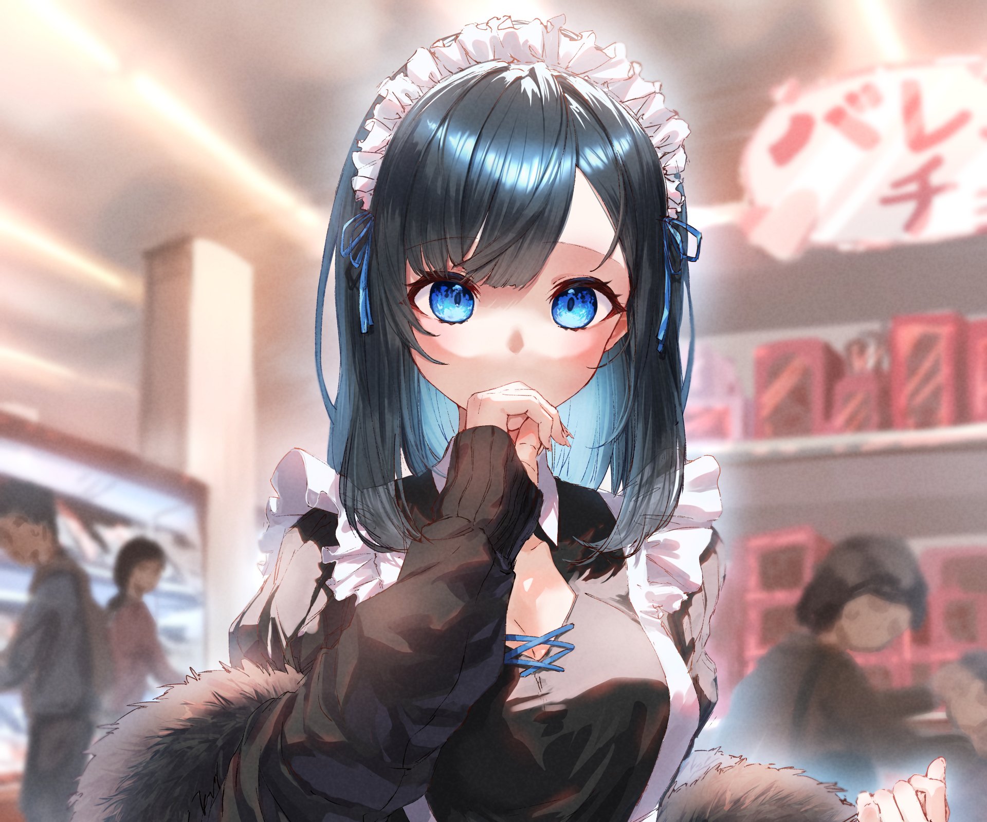 Anime girl in a detailed maid outfit with bright blue eyes, rendered in 4K Ultra HD, serving as a vibrant PC desktop wallpaper and background.