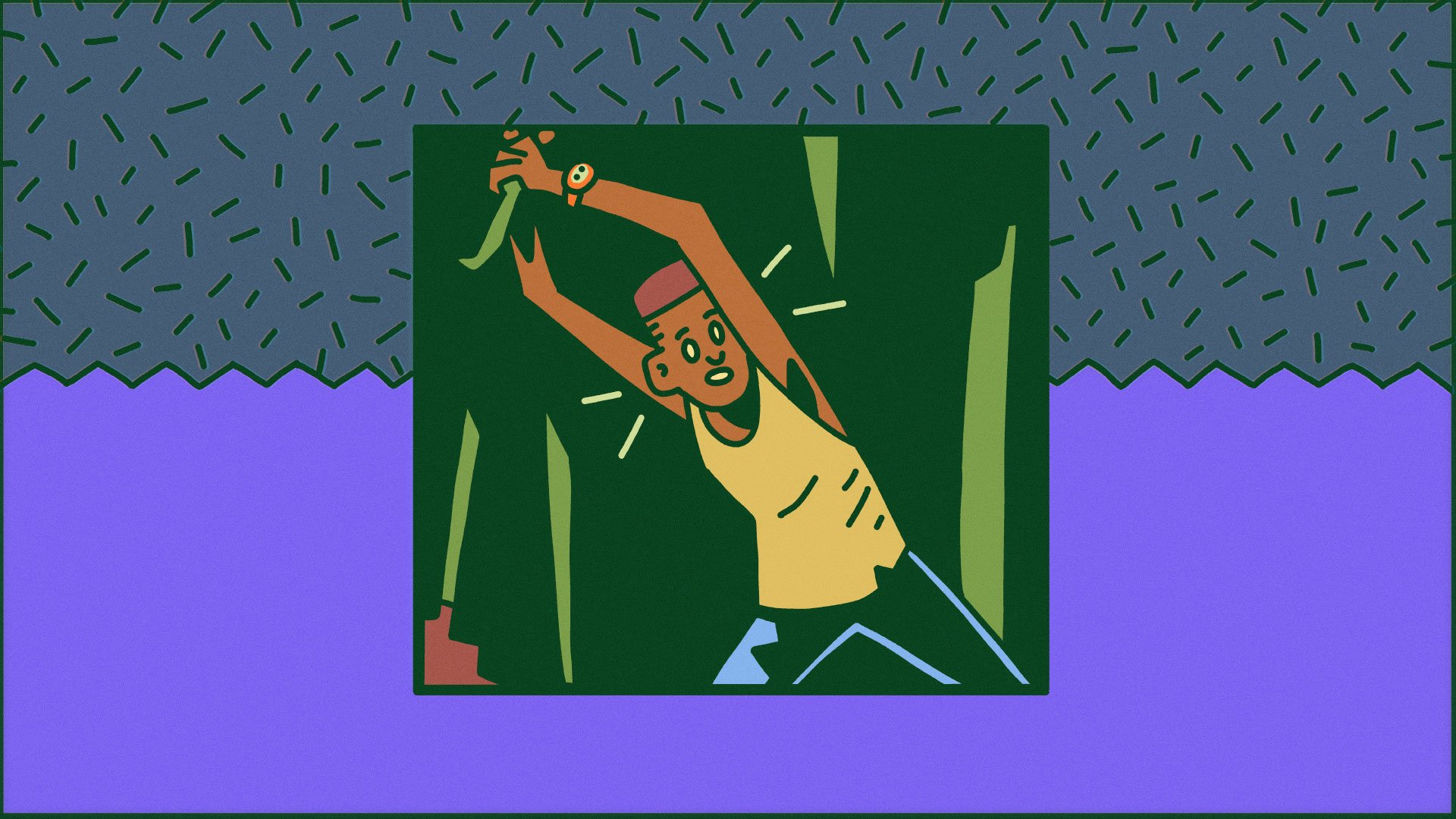 Cartoon-style HD desktop wallpaper featuring a person trying to push against the edges of a green framed box, with a stylized purple patterned background, tagged with Grounded.