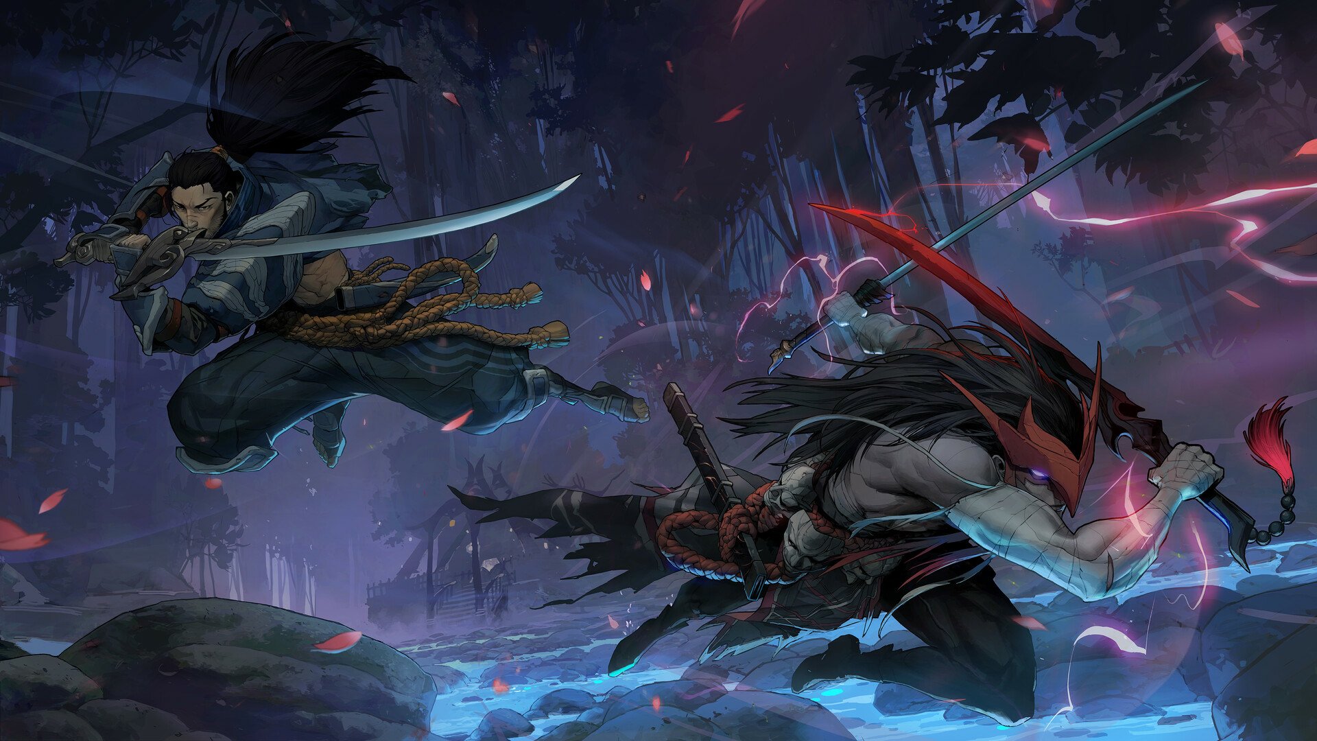 HD PC desktop wallpaper featuring samurai warriors Yasuo and Yone from League of Legends in a dynamic video game battle scene.