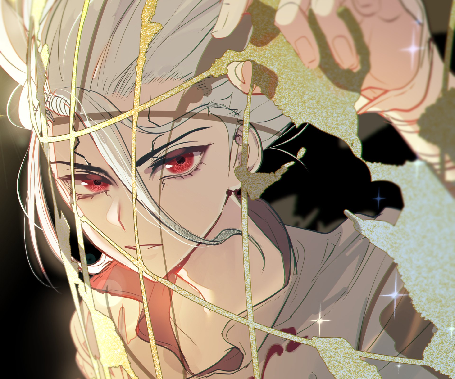 HD PC desktop wallpaper featuring Senku Ishigami from the anime Dr. Stone, showcasing his intense gaze and intricate details in vibrant colors.