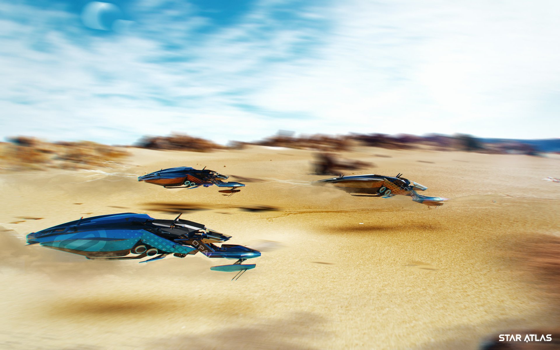 HD Star Atlas desktop wallpaper featuring futuristic spaceships speeding over a desert landscape with a sci-fi ambiance.