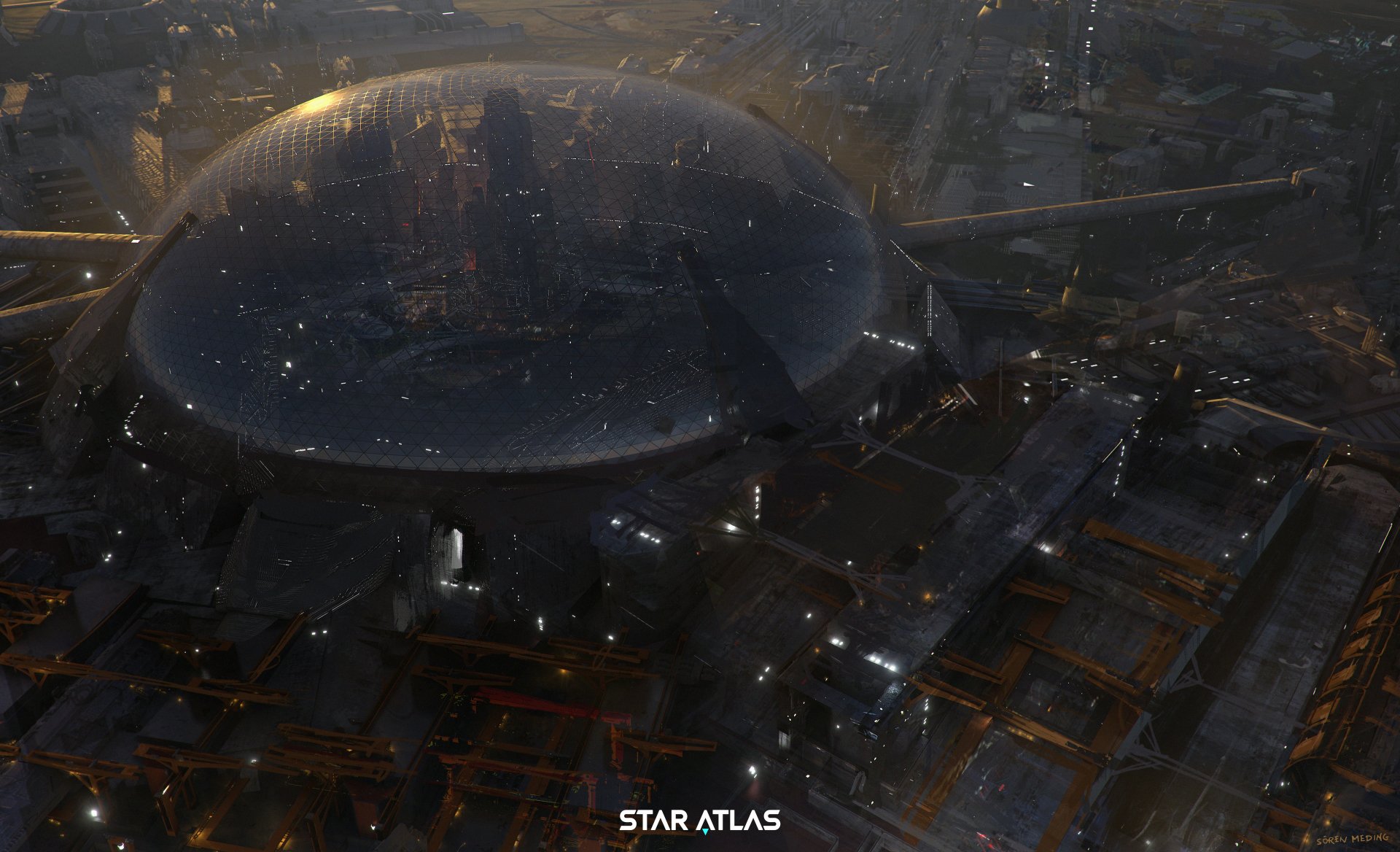 HD desktop wallpaper featuring a futuristic cityscape from Star Atlas with a prominent dome structure.