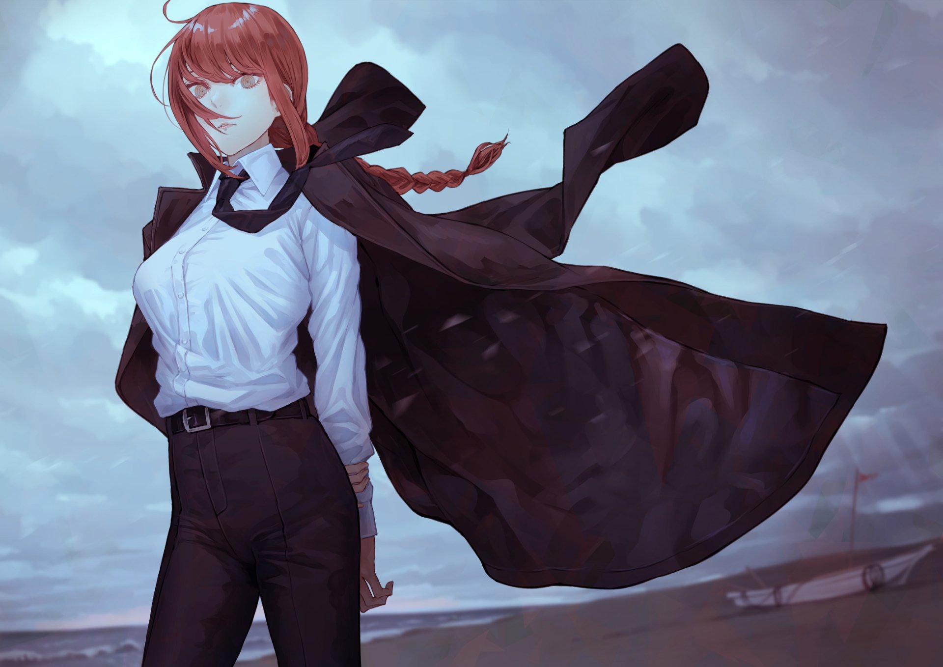 HD desktop wallpaper featuring Makima from the anime Chainsaw Man. She stands confidently in the foreground with a dynamic pose, her coat billowing in the wind. The sky is a moody blue.