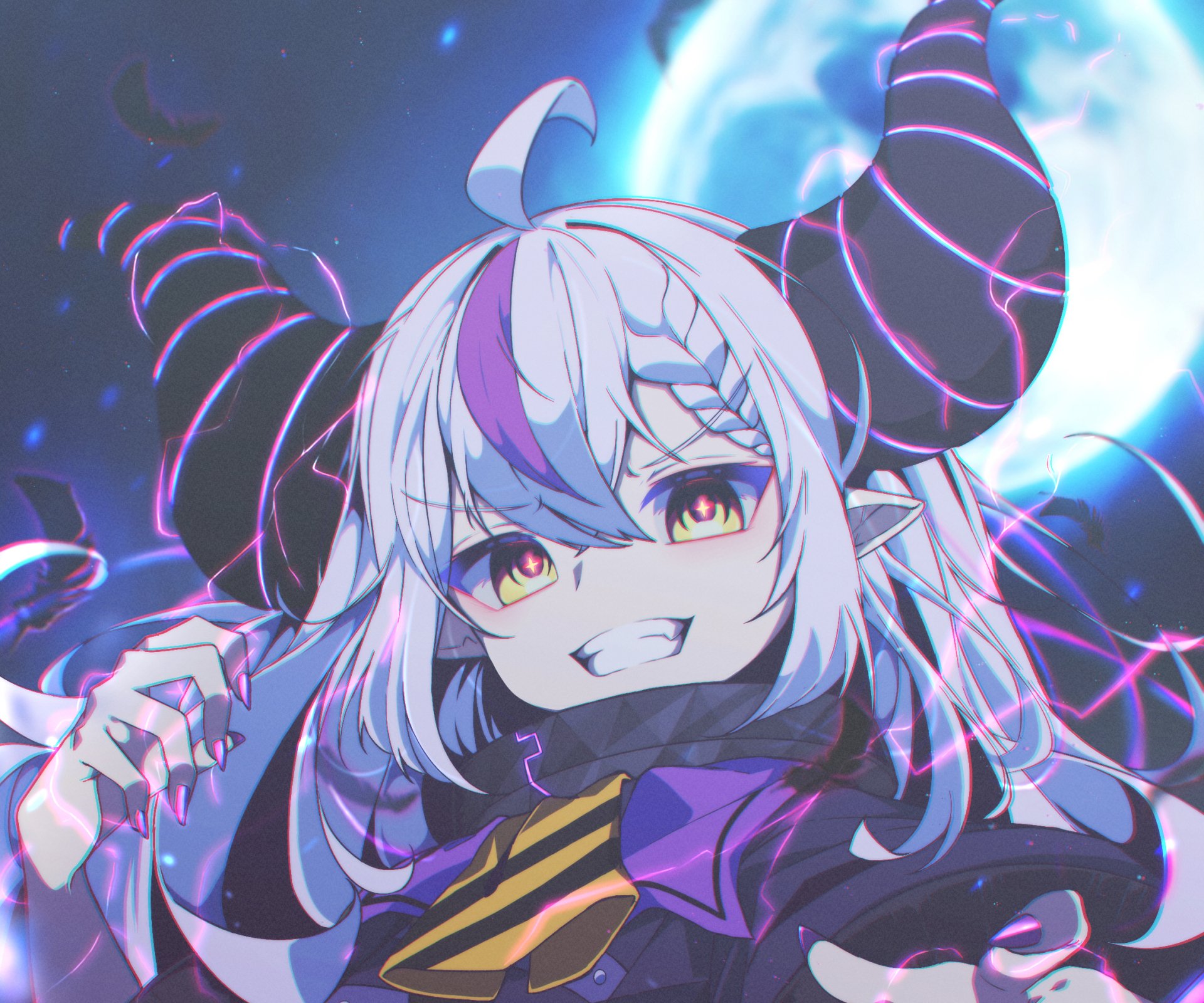 HD anime desktop wallpaper of La+ Darknesss (hololive): grinning horned virtual YouTuber with white-purple braided hair, glowing yellow eyes and a crescent moon glow.