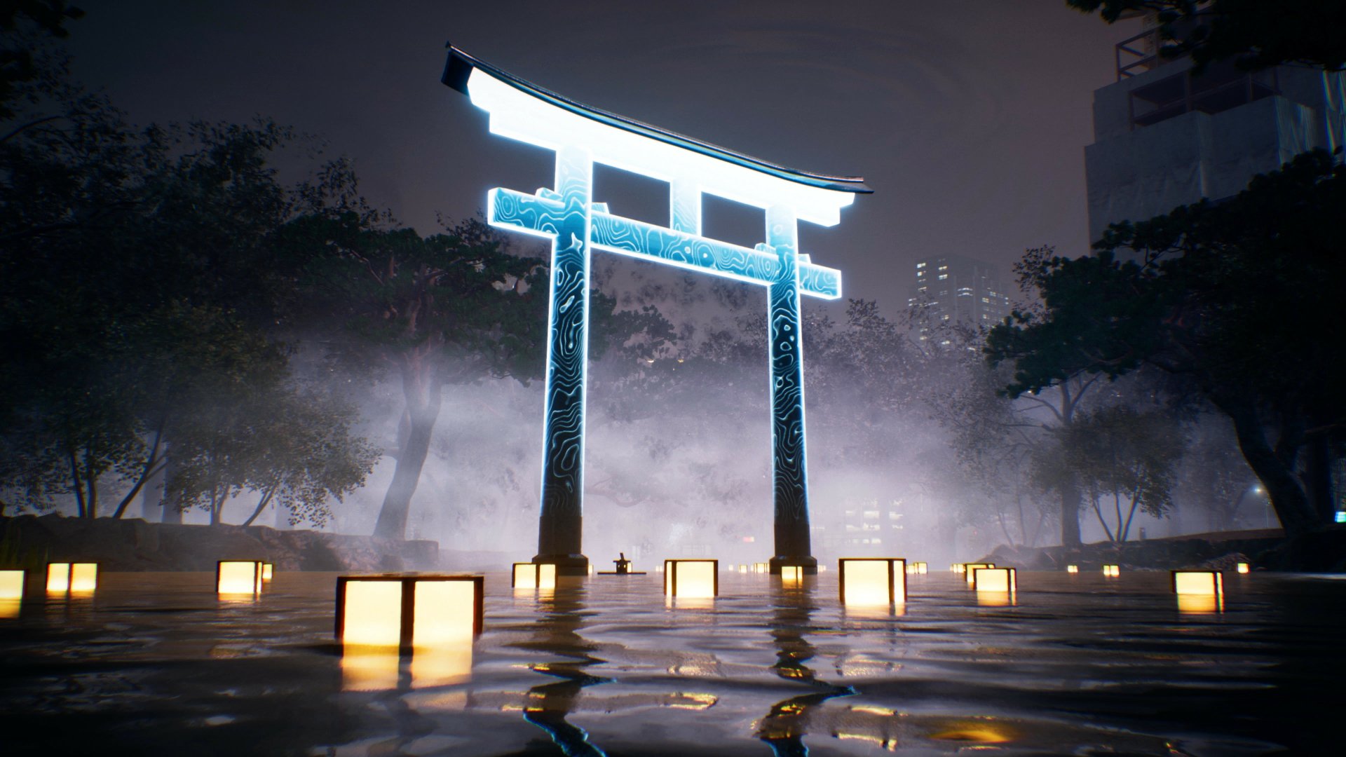 Glowing blue torii gate in a misty flooded shrine with floating lanterns — GhostWire: Tokyo video game 4K Ultra HD PC desktop wallpaper/background