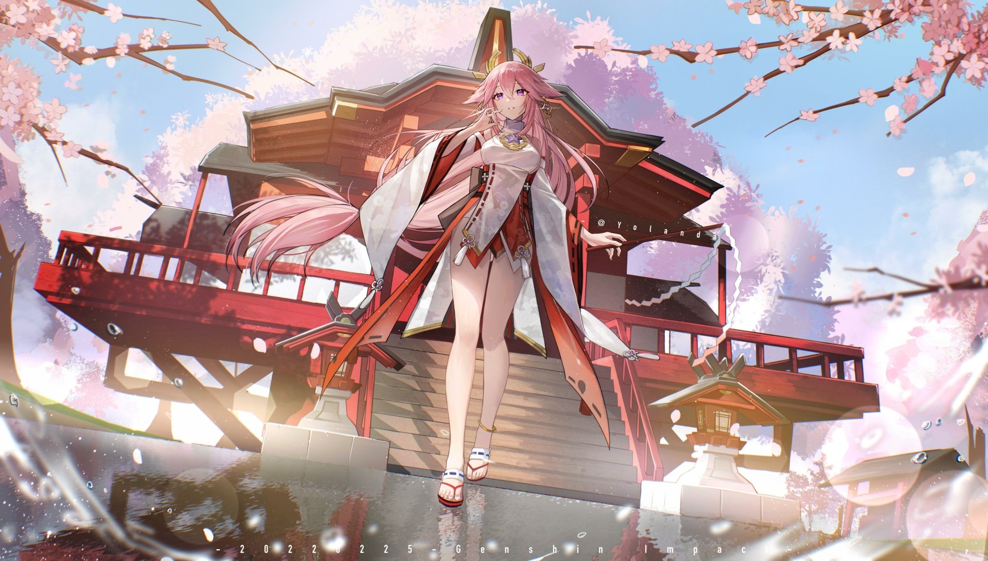 Yae Miko Guuji from Genshin Impact stands gracefully before a traditional shrine surrounded by blooming cherry blossoms in this 4K Ultra HD PC desktop wallpaper.