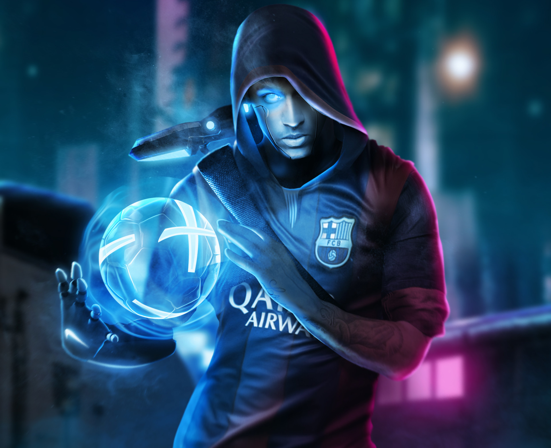 HD PC desktop wallpaper featuring a futuristic, glowing depiction of Neymar in a hooded outfit with a digital football, blending sports and cyber elements.