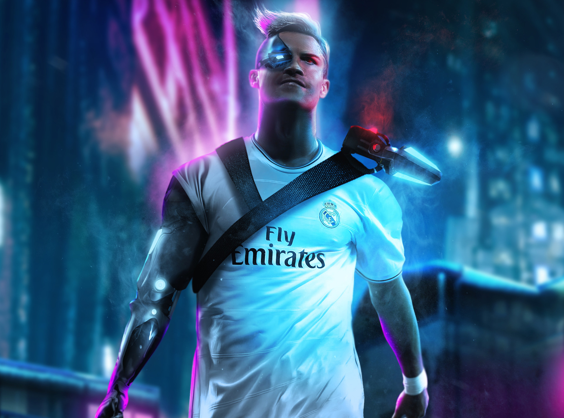HD PC desktop wallpaper featuring Cristiano Ronaldo in a futuristic, cybernetic sports-themed design with a glowing cityscape background.