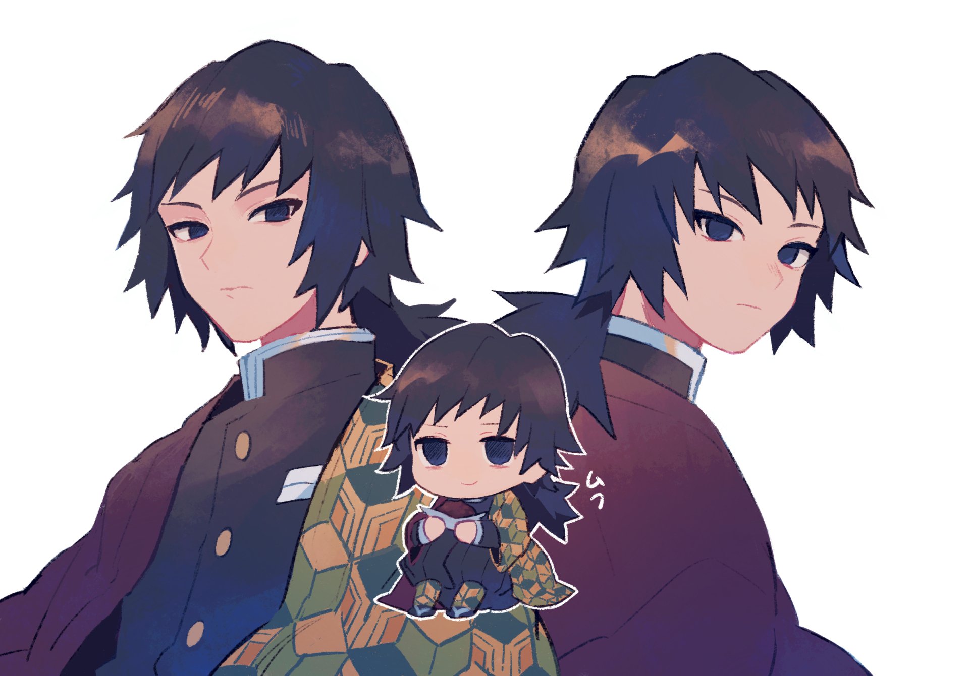 HD PC wallpaper featuring Giyuu Tomioka from the anime Demon Slayer: Kimetsu no Yaiba, showcasing three stylized versions of the character against a plain background.