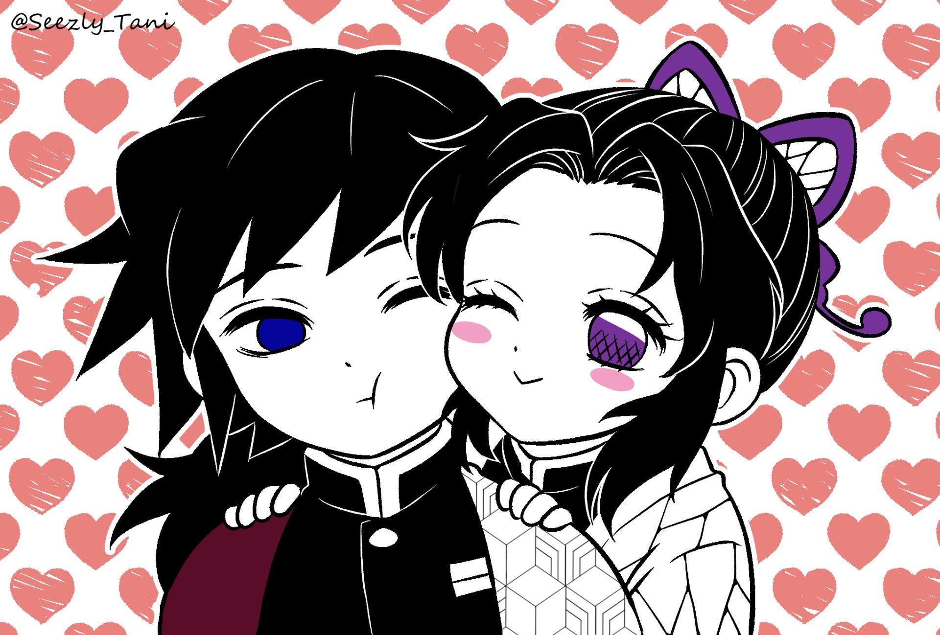 HD PC desktop wallpaper featuring Giyuu Tomioka and Shinobu Kochou from the anime Demon Slayer: Kimetsu no Yaiba, with a heart-patterned background.