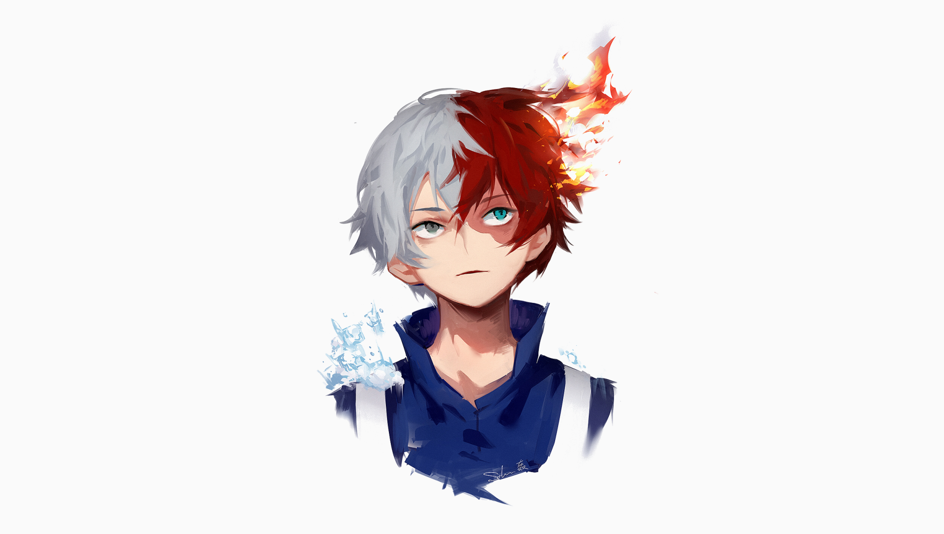 HD PC desktop wallpaper featuring Shoto Todoroki from the anime My Hero Academia, showcasing his dual ice and fire powers against a clean white background.
