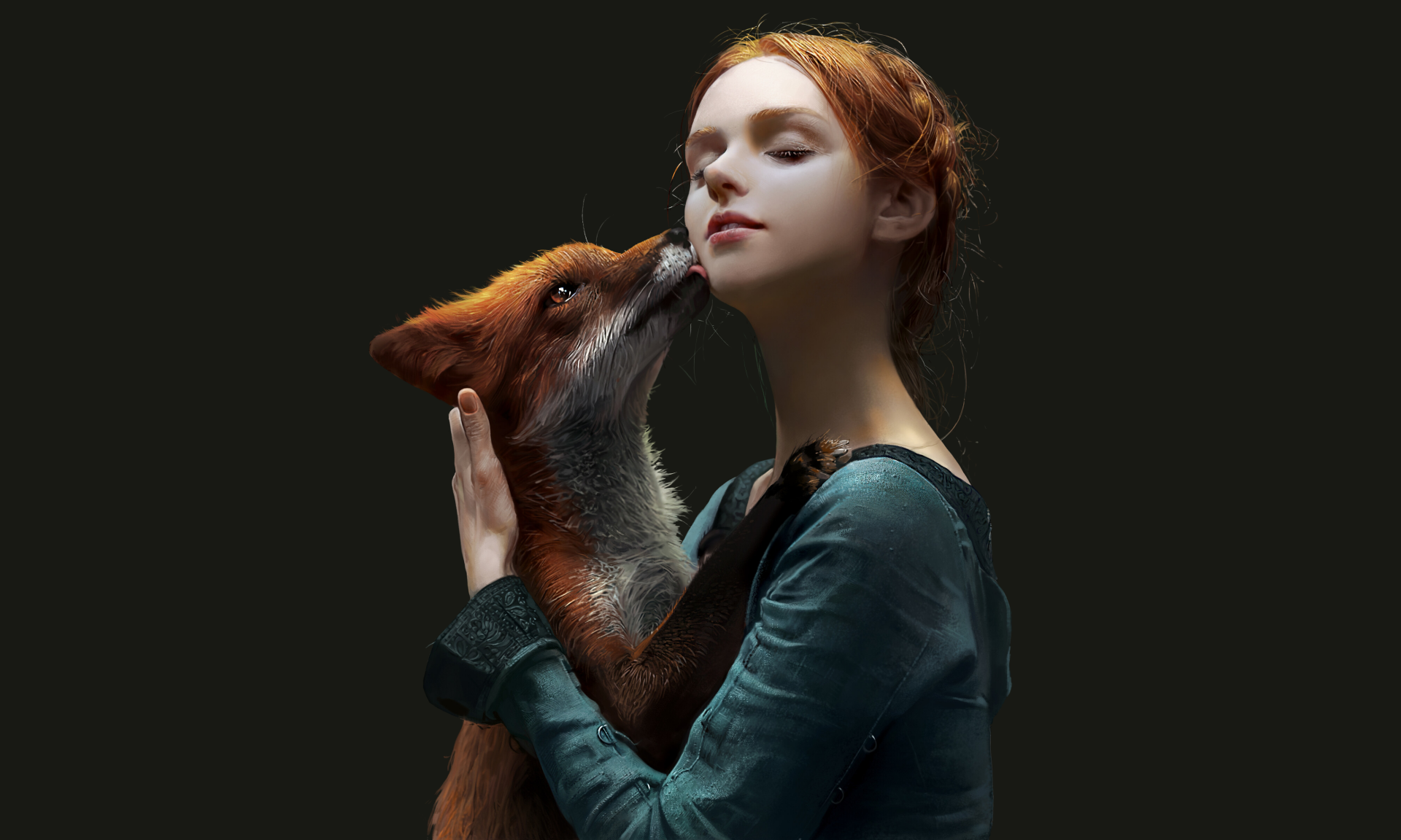 Artistic 4K Ultra HD PC desktop wallpaper: red-haired woman in a teal dress cradles a fox that nuzzles her neck against a dark, minimalist background.