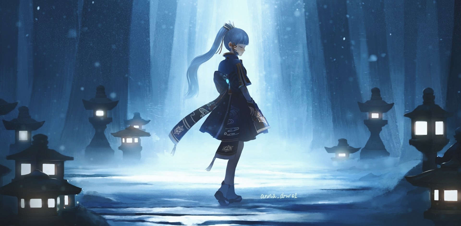 HD desktop wallpaper featuring Kamisato Ayaka from Genshin Impact in a serene snowy landscape with glowing lanterns.