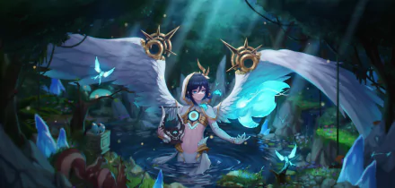 Venti (Genshin Impact) wades in a glowing forest pool, teal angelic wings and ornate lyre motifs aglow amid butterflies and crystals — video game 5K Ultra HD PC desktop wallpaper.