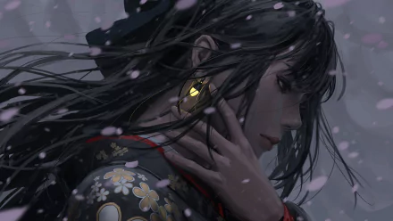 HD anime wallpaper featuring a dark-haired anime girl with flowing hair, wearing floral-patterned clothing and a glowing earring, set against a soft, muted background.