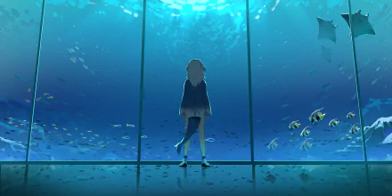 HD PC desktop wallpaper featuring Gawr Gura, a Virtual YouTuber from Hololive, standing in front of a large aquarium window with marine life swimming beyond.