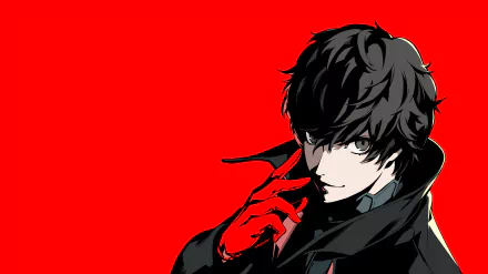4K Ultra HD wallpaper featuring the Protagonist from the video game Persona 5 Royal against a bold red background.