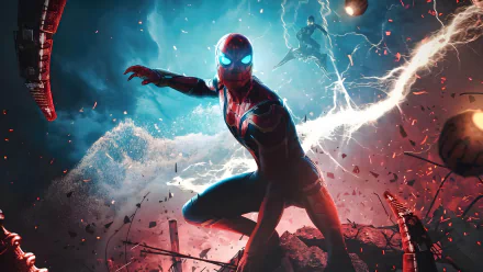 Spider-Man in a dynamic pose amidst lightning and debris, featured in an 8K Ultra HD PC desktop wallpaper from the movie Spider-Man: No Way Home.