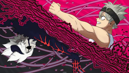 HD PC desktop wallpaper/background: Asta and Liebe from Black Clover, anime scene of Asta lunging as black-pink demonic energy from Liebe swirls in a vibrant clash.