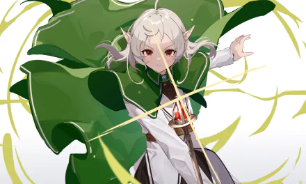 Sylphiette from Mushoku Tensei in a flowing green cloak, summoning swirling wind — anime 2K Quad HD PC desktop wallpaper.