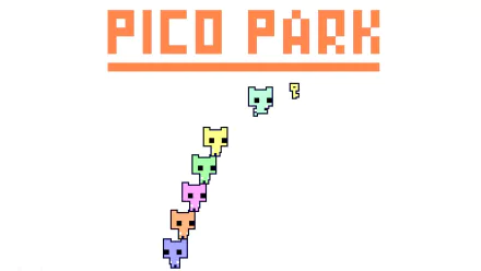 HD wallpaper featuring pixel art from PICO PARK game with colorful characters stacked for desktop background.