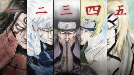 4K Ultra HD Naruto wallpaper featuring Hokage legends Tobirama Senju, Hiruzen Sarutobi, Minato Namikaze, Tsunade, and Hashirama Senju in dynamic anime style.