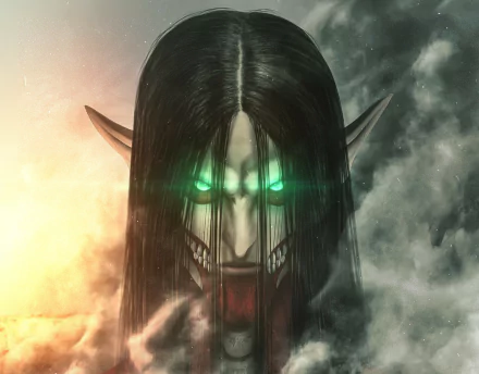 HD PC desktop wallpaper featuring Eren Yeager from the anime Attack on Titan with glowing green eyes and a fierce expression amidst smoky, dramatic lighting.