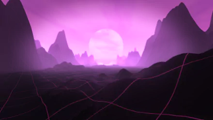 Artistic retrowave 8K Ultra HD PC desktop wallpaper and background: neon-pink horizon with a glowing sun, silhouetted jagged mountains and a dark foreground grid with glowing magenta lines.