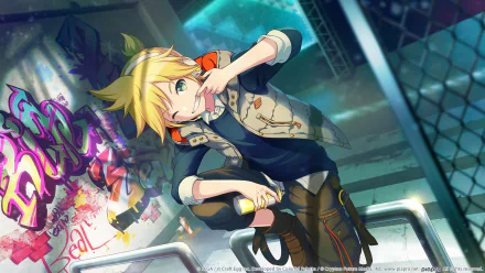 HD PC desktop wallpaper of Len Kagamine from the video game Project Sekai: Colorful Stage! feat. Hatsune Miku — leaning on a railing in a graffiti-lit urban stage, holding headphones and smiling.