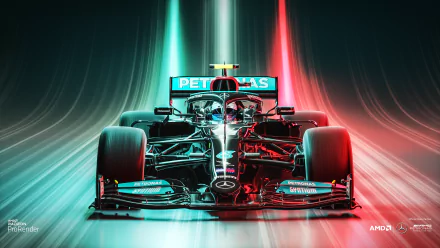 4K Ultra HD PC desktop wallpaper featuring a sleek F1 race car with dynamic light trails in green, white, and red, emphasizing speed and precision in motorsports.
