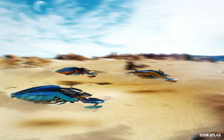 HD Star Atlas desktop wallpaper featuring futuristic spaceships speeding over a desert landscape with a sci-fi ambiance.