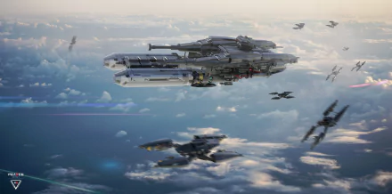 HD desktop wallpaper featuring Star Atlas spacecraft and fleet with a dynamic sky background.