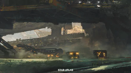 HD Star Atlas themed desktop wallpaper featuring futuristic spacecraft and industrial structures in a sci-fi setting.