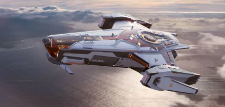 A sleek spacecraft from the video game Star Atlas glides above the ocean, set against a stunning HD backdrop of clouds and sunlight reflecting on the water's surface.