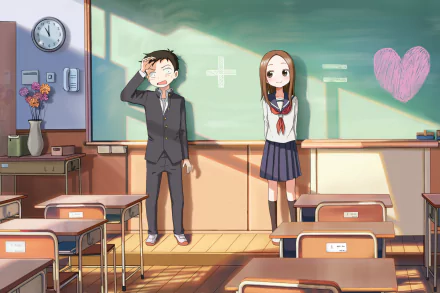 Nishikata and Takagi from Teasing Master Takagi-san stand in a sunlit classroom with a chalkboard equation showing their friendship equals a heart. 4K Ultra HD anime wallpaper.