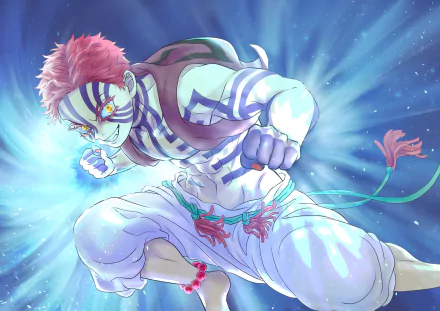 Akaza (Demon Slayer: Kimetsu no Yaiba) in a dynamic blue-lit fighting pose, glowing markings and floral sash — anime HD PC desktop wallpaper/background