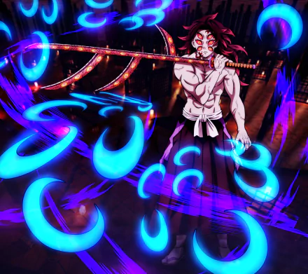 Kokushibo from Demon Slayer: Kimetsu no Yaiba depicted with glowing blue energy, featured in a vibrant 4K Ultra HD anime desktop wallpaper.