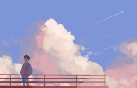 HD PC desktop wallpaper featuring J-Hope (Jung Hoseok) from BTS standing against a vibrant sky with large clouds and a faint airplane trail, capturing a serene music-inspired scene.