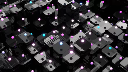 Abstract 3D HD PC desktop wallpaper: glossy black stacked geometric blocks with grooves, scattered glowing magenta, cyan and white spheres on a dark reflective background.