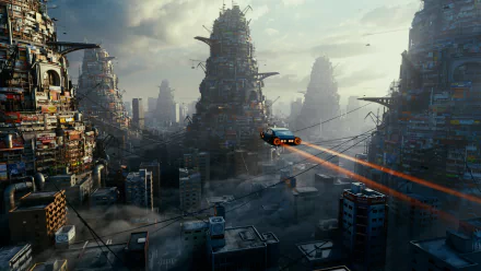 A futuristic sci-fi cityscape featuring towering structures and flying vehicles, this HD wallpaper captures a vibrant, otherworldly urban environment.