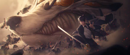 HD PC desktop anime wallpaper of Aki Hayakawa (Chainsaw Man): in a suit with a drawn katana, poised before the towering Fox Devil as debris and embers swirl.