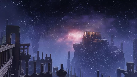 HD PC desktop wallpaper featuring a mysterious cave scene from the video game Elden Ring, with illuminated ruins under a starry, cosmic sky.