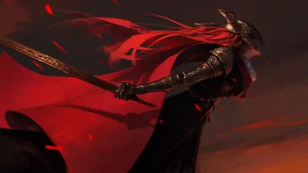 HD PC desktop wallpaper featuring Malenia, Blade of Miquella from the video game Elden Ring, depicted in dynamic red and black armor with a flowing red cape.