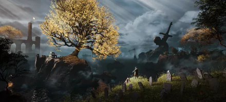 HD PC desktop wallpaper from the video game Elden Ring featuring a glowing golden tree, a lone warrior, and a dramatic, cloudy sky over a rugged landscape.