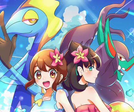2K Quad HD PC wallpaper from the video game Pokémon: Sword and Shield featuring Gloria and Marnie with Inteleon and Grimmsnarl in a bright, colorful seaside scene.
