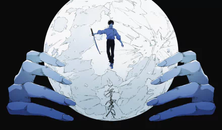 HD PC desktop wallpaper featuring Yuta Okkotsu from the anime Jujutsu Kaisen, standing on a cracked moon held by large blue hands against a black background.