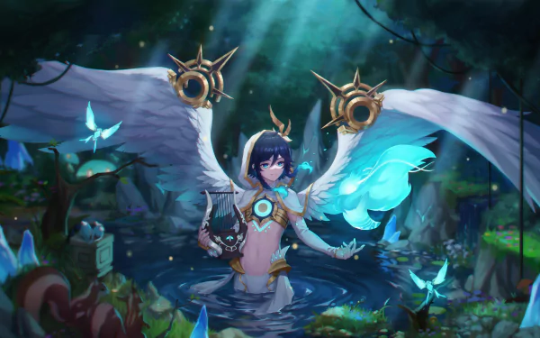 Venti (Genshin Impact) wades in a glowing forest pool, teal angelic wings and ornate lyre motifs aglow amid butterflies and crystals — video game 5K Ultra HD PC desktop wallpaper.